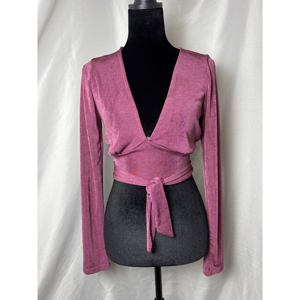 Mixed Threads Wrap Top Womens M Pink Metallic Y2K Long Sleeve V-Neck